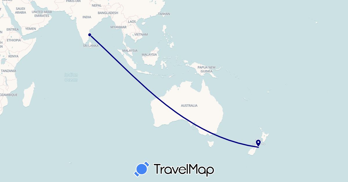 TravelMap itinerary: driving in India, New Zealand (Asia, Oceania)